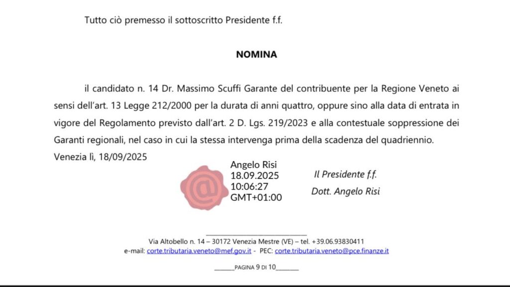 Massimo Scuffi nominato Garante del contribuente per la Regione Veneto